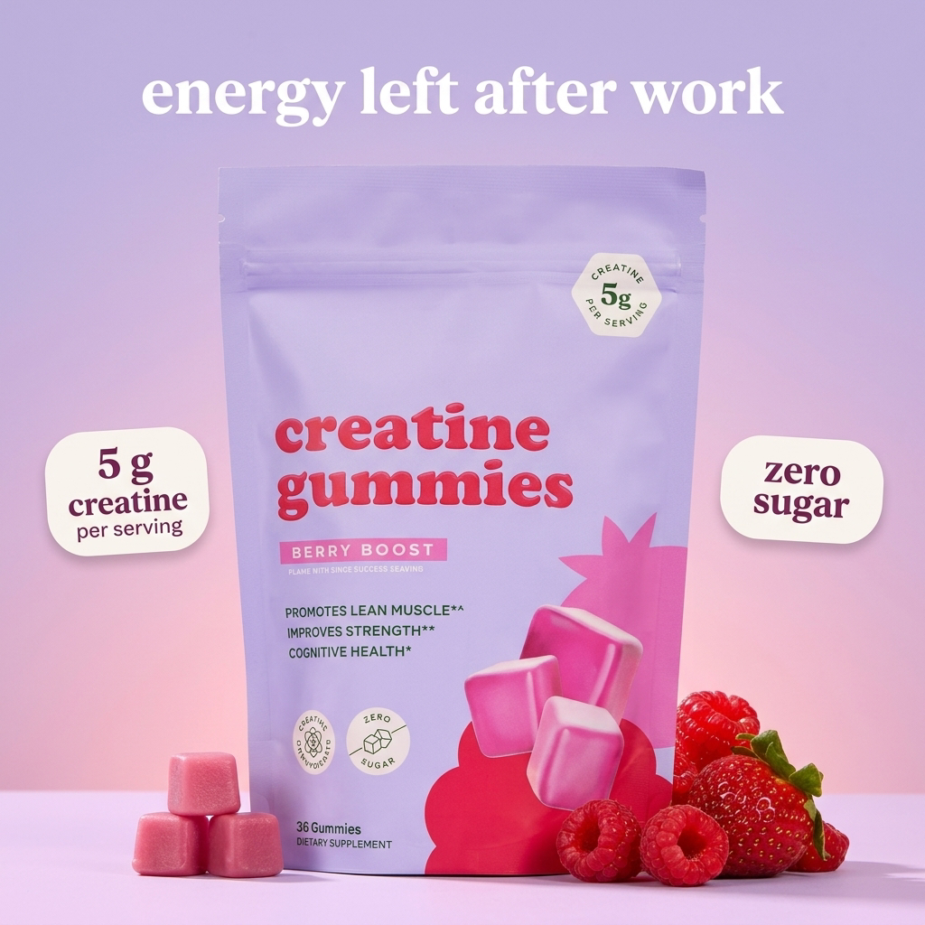 Nutrivive Creatine Gummy Berry Boost pouch with gummies and berries