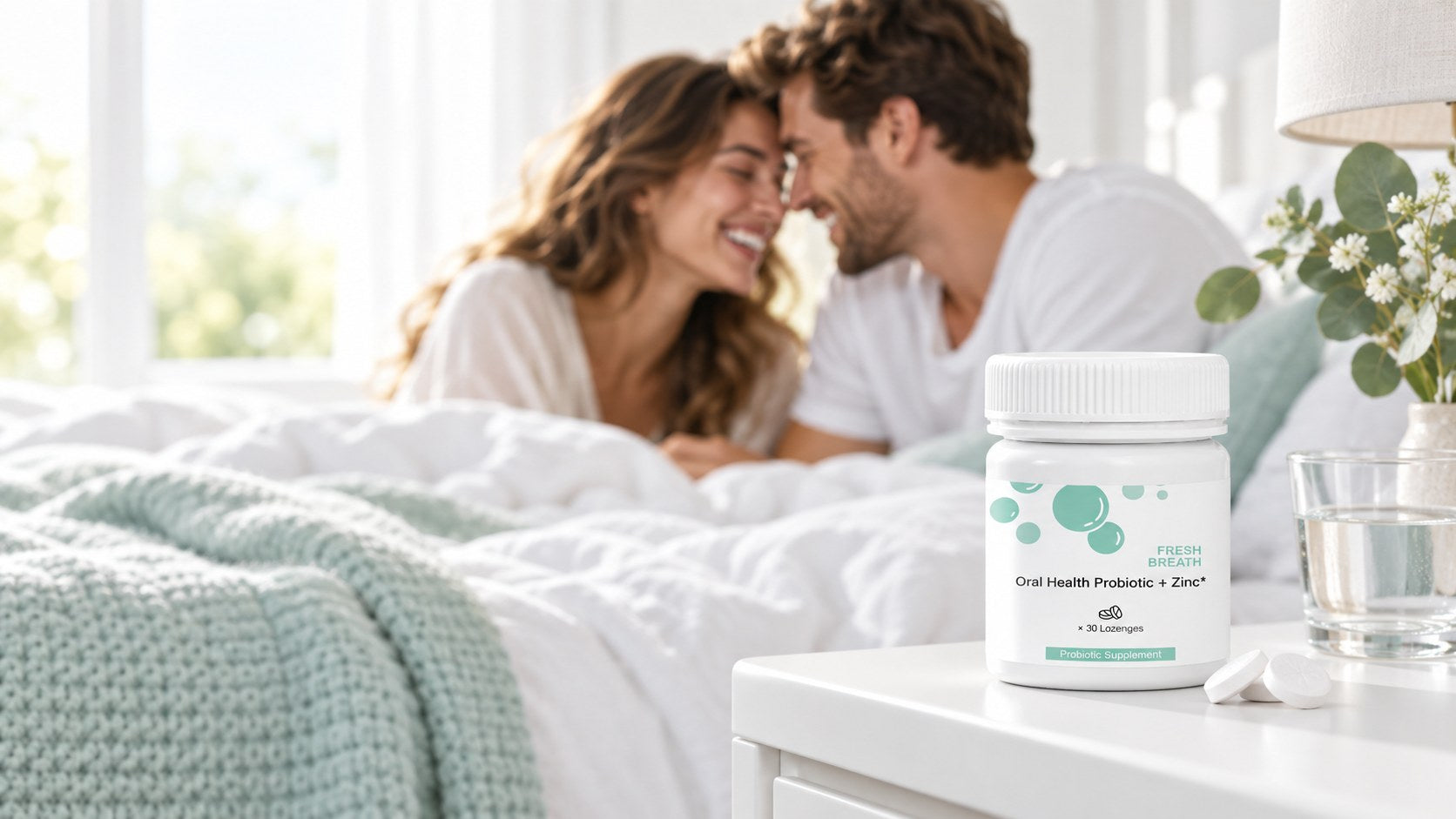 Nutrivive jar on a nightstand as a couple shares a close morning moment
