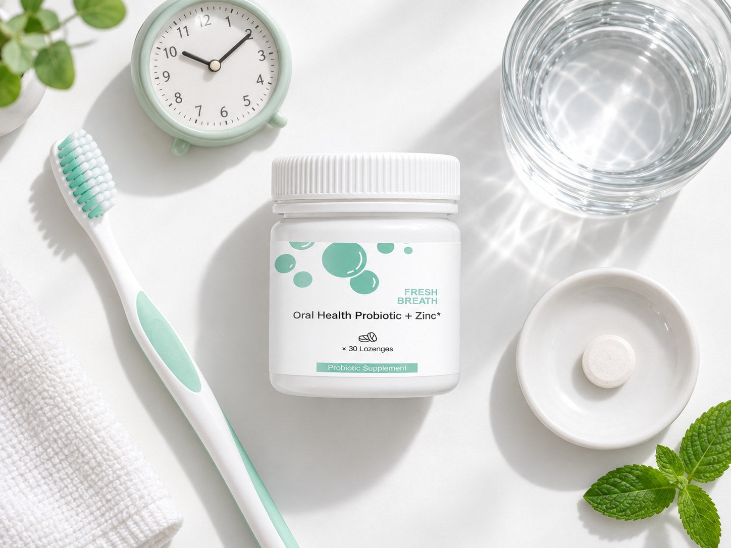 Toothbrush, Nutrivive jar, white lozenge, water and clock