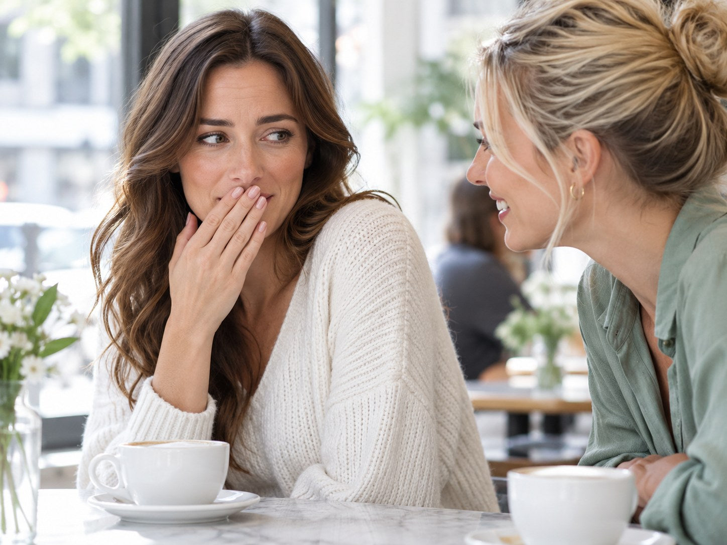 Woman speaking closely with a friend at a café