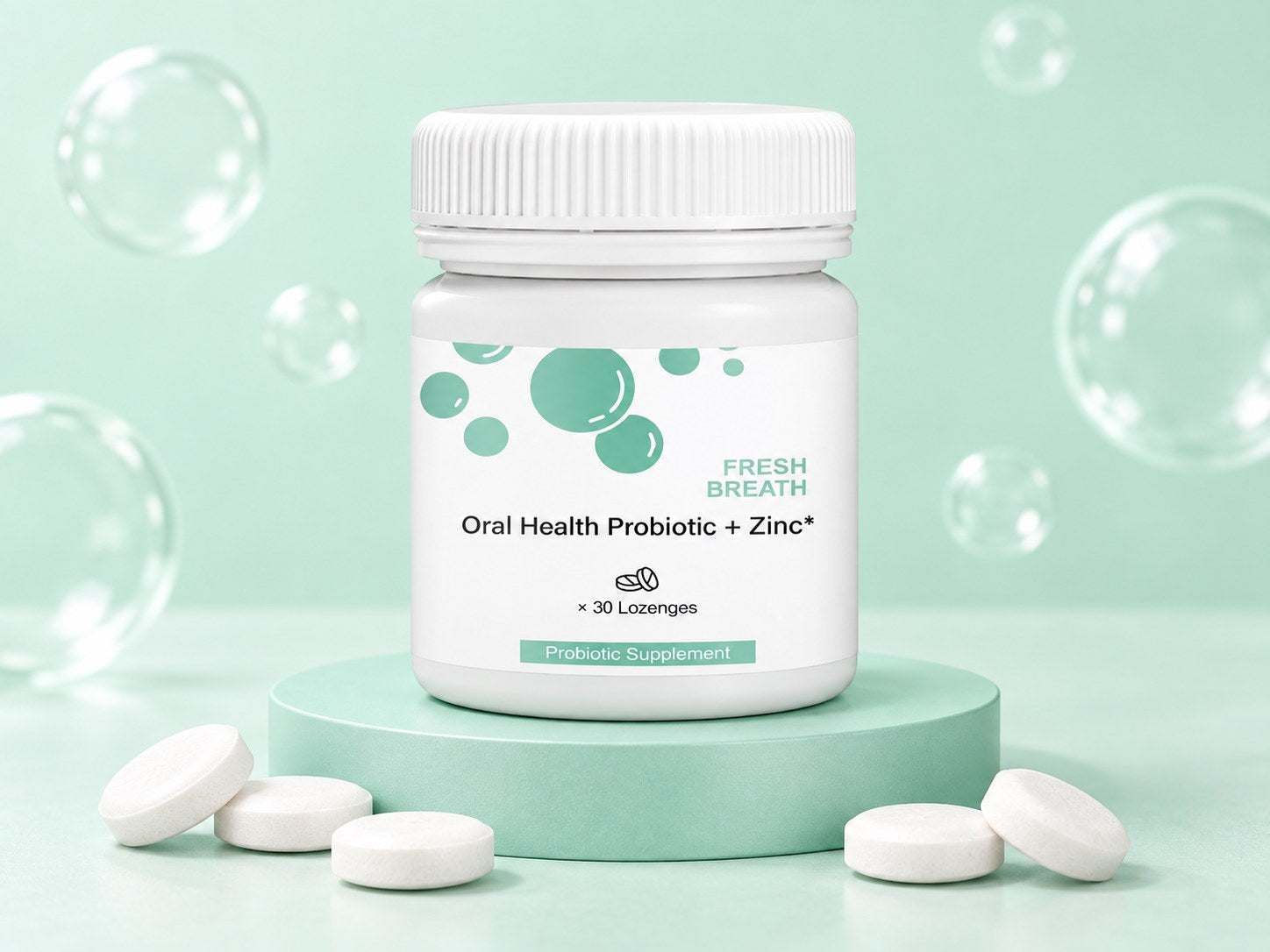 Nutrivive jar with white lozenges on a seafoam pedestal