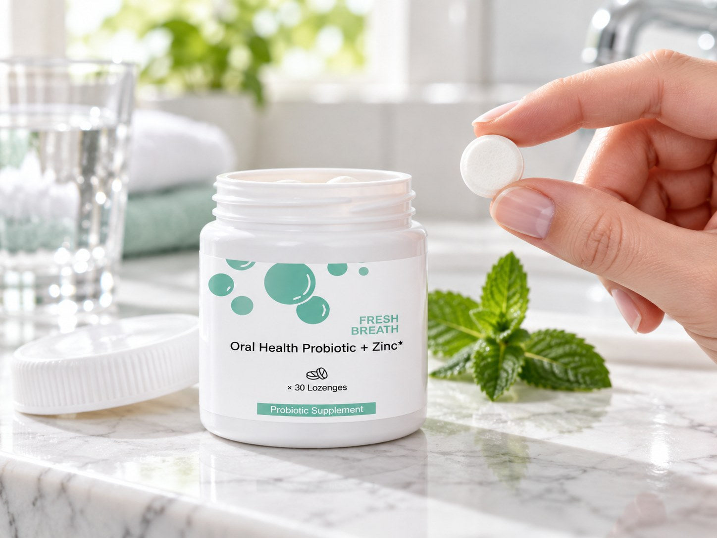 Hand holding a white lozenge beside Nutrivive jar