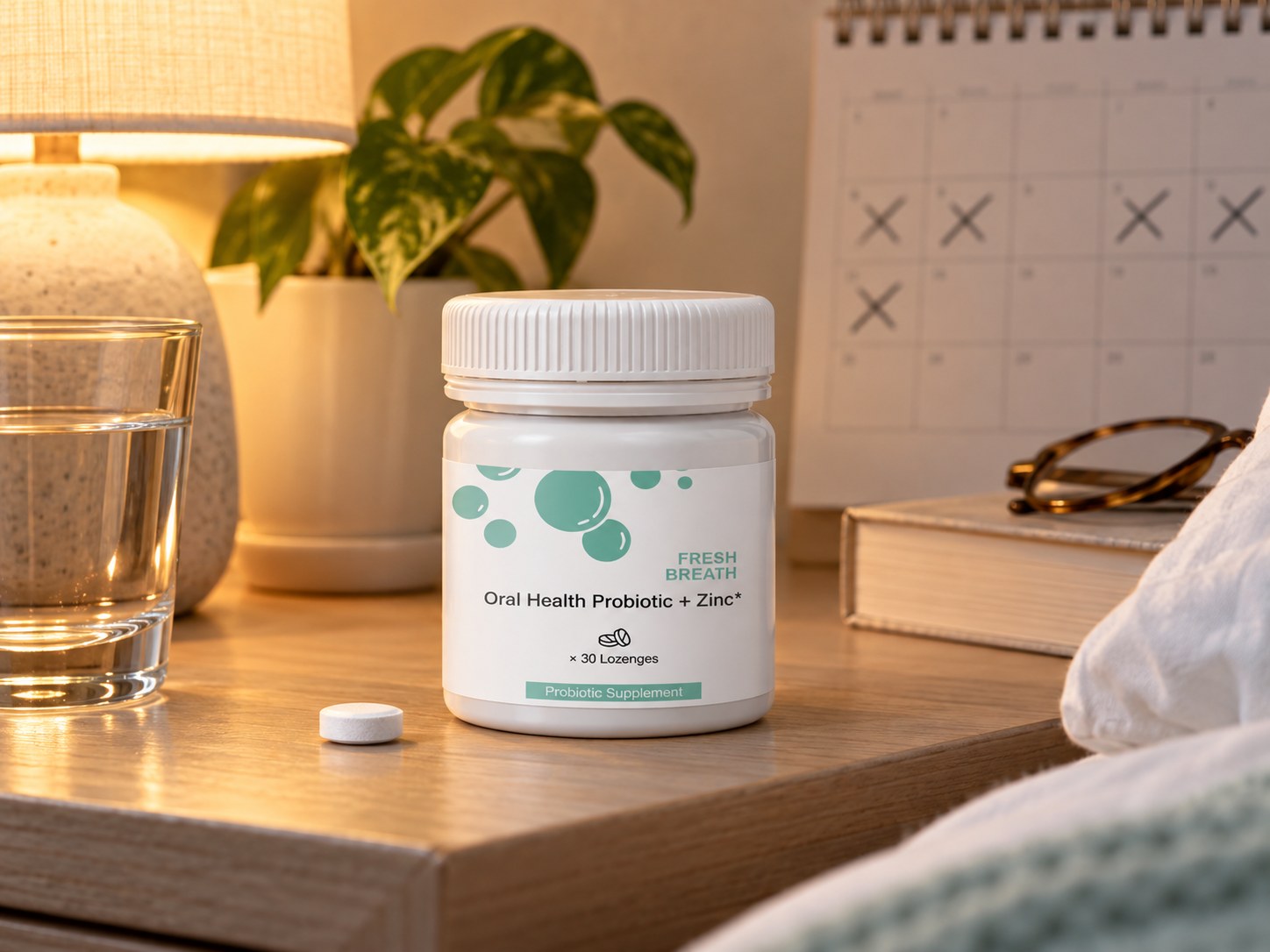 Nutrivive jar on a bedside table beside a calendar